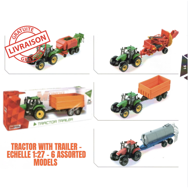Tracteur miniature 1:27 avec remorque - 6 modèles assortis - Jouet