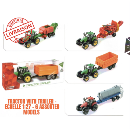 Tracteur miniature 1:27 avec remorque - 6 modèles assortis - Jouet