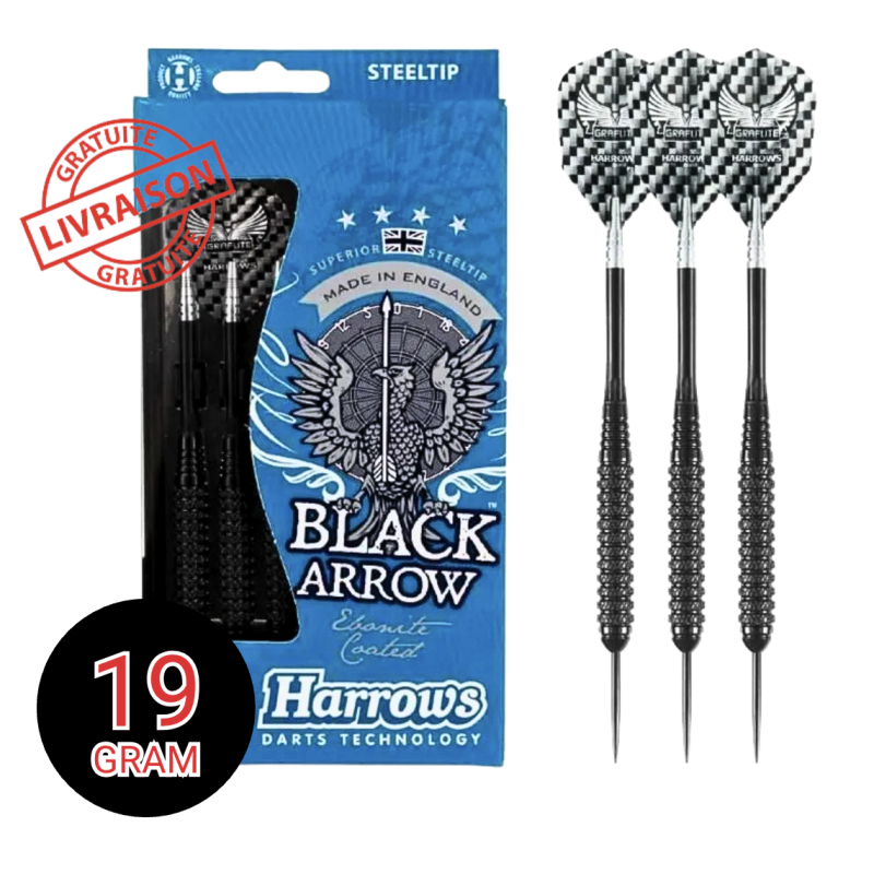 Fléchettes Harrows Black Arrow 19g – Pointe acier de précision