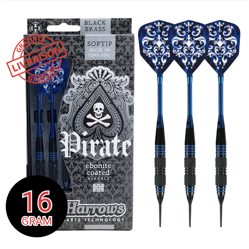 Jeu de 3 fléchettes Harrows Pirate nylon bleu 16 grammes - Soft Tip
